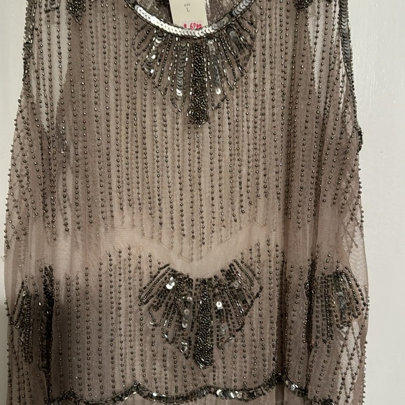 Anthro Mahila intricately beaded tank. Pink/rose with silver beads. Size L. - Picture 3 of 5